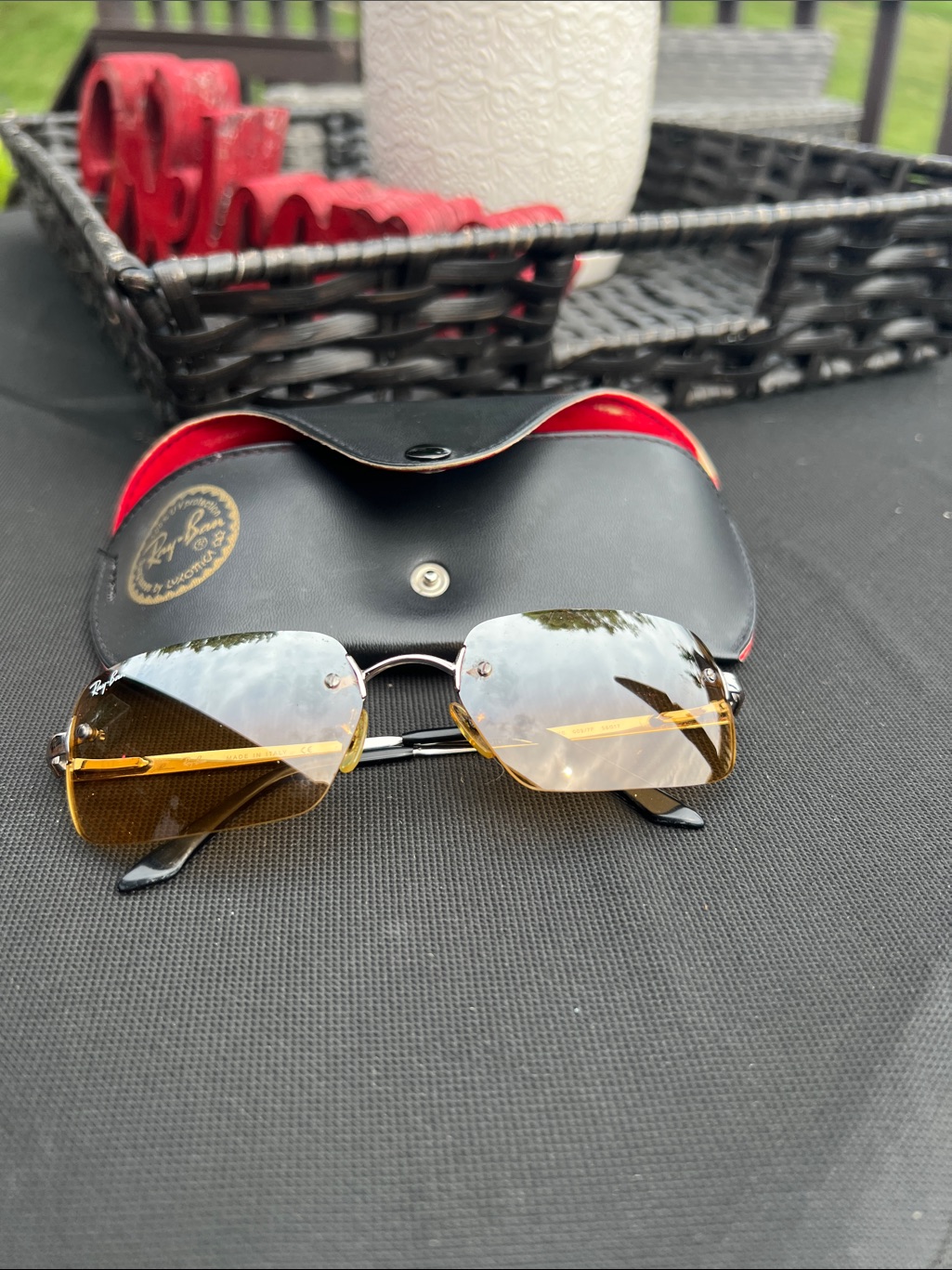 Ray-Ban Amber Gradient Rimless Sunglasses With Black & Red Case
